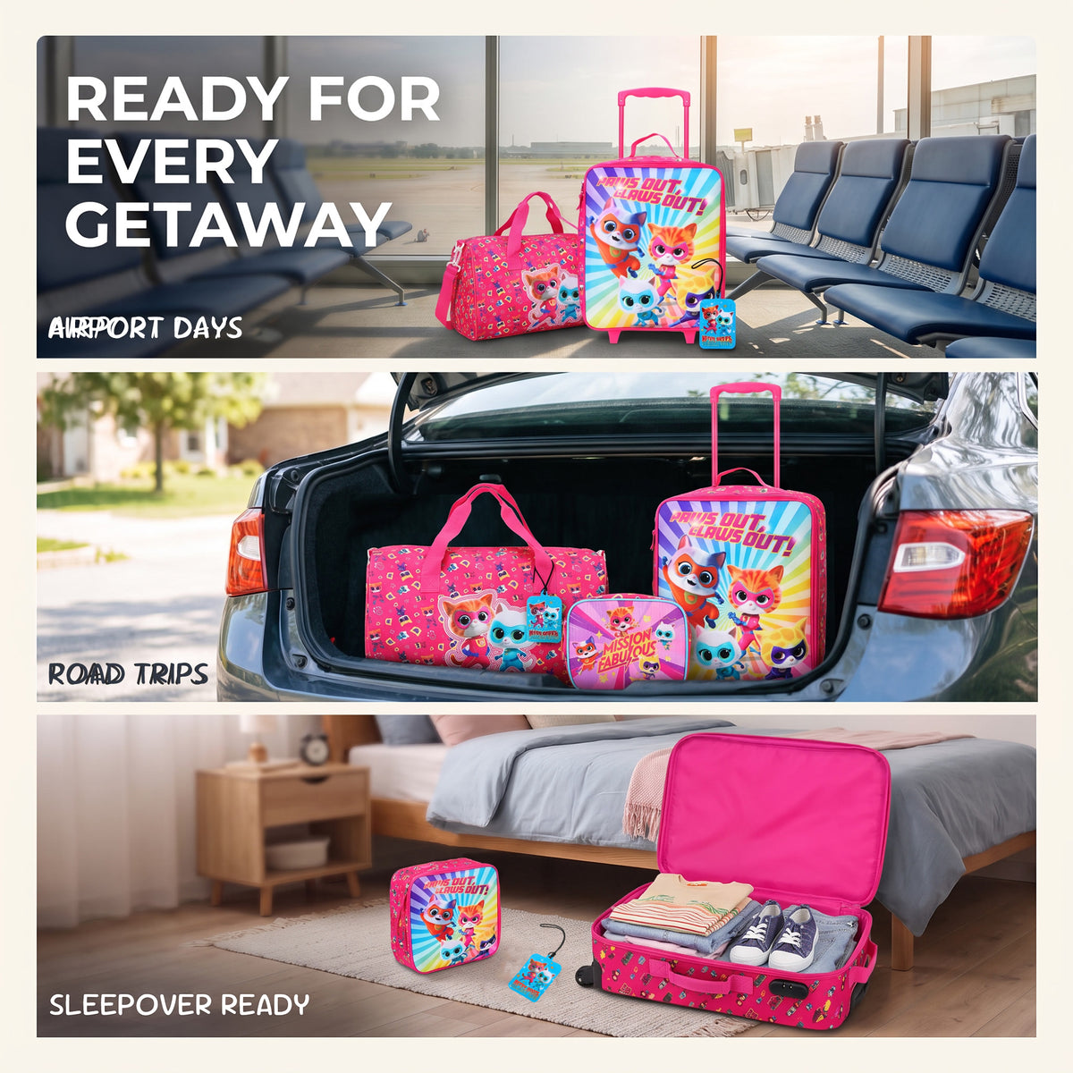 SuperKitties Kids' 4-Piece Travel Set With Suitcase, Duffle Bag, Toiletries Case, and Luggage Tag