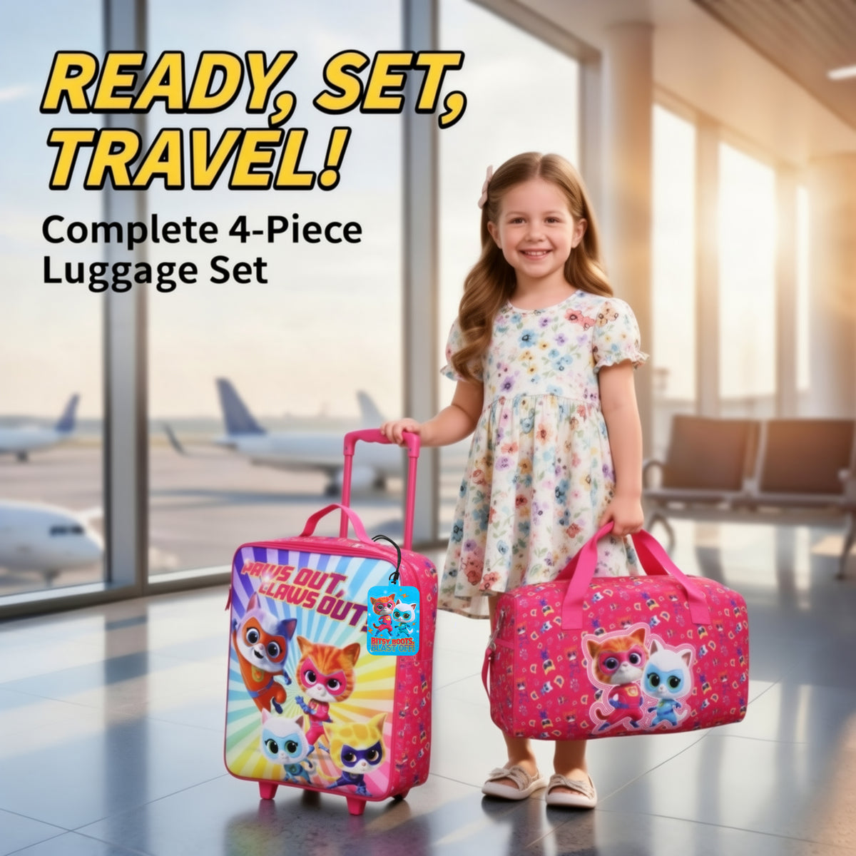 SuperKitties Kids' 4-Piece Travel Set With Suitcase, Duffle Bag, Toiletries Case, and Luggage Tag