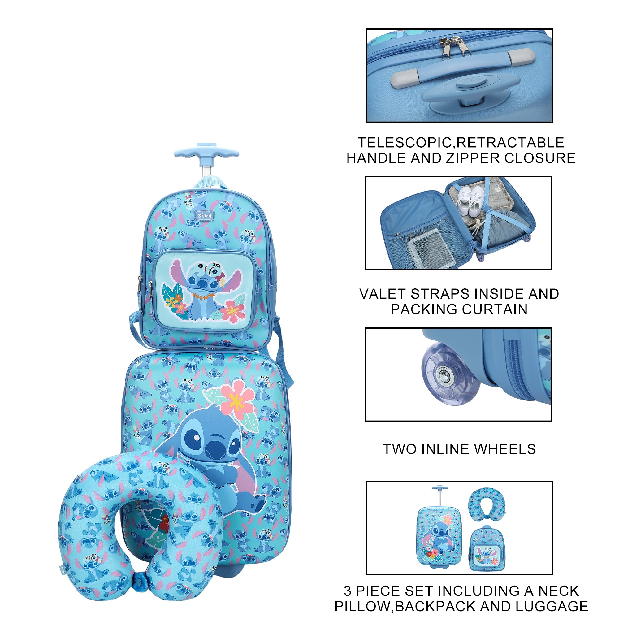 Lilo & Stitch Kids' 3-Piece Travel Set With Luggage, Backpack, and Neck Pillow
