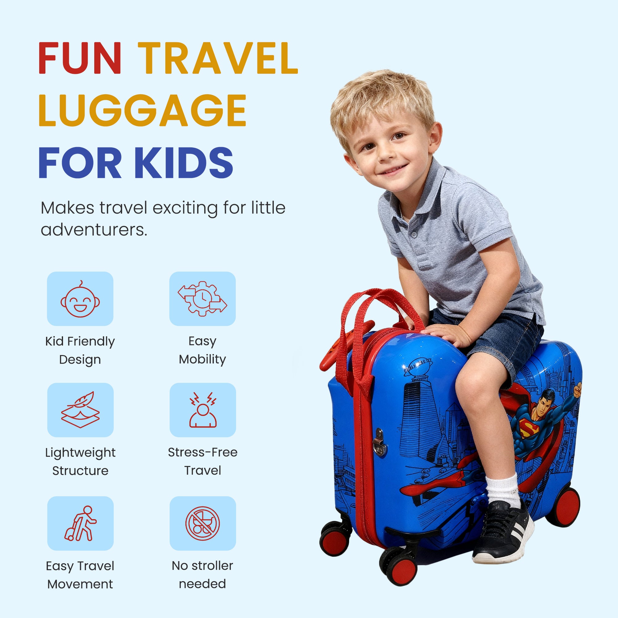 Superman Ride-On Kids Luggage, 2.5-Inch for Young Travelers