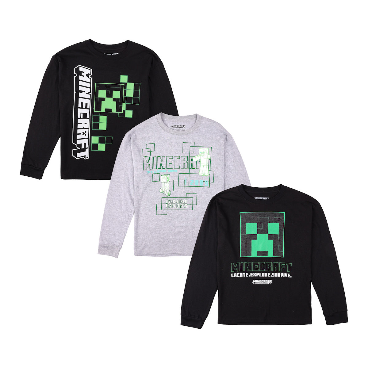 Minecraft Create Explore Survive Boy's 3-Pack Crew Neck Long Sleeve Sh ...