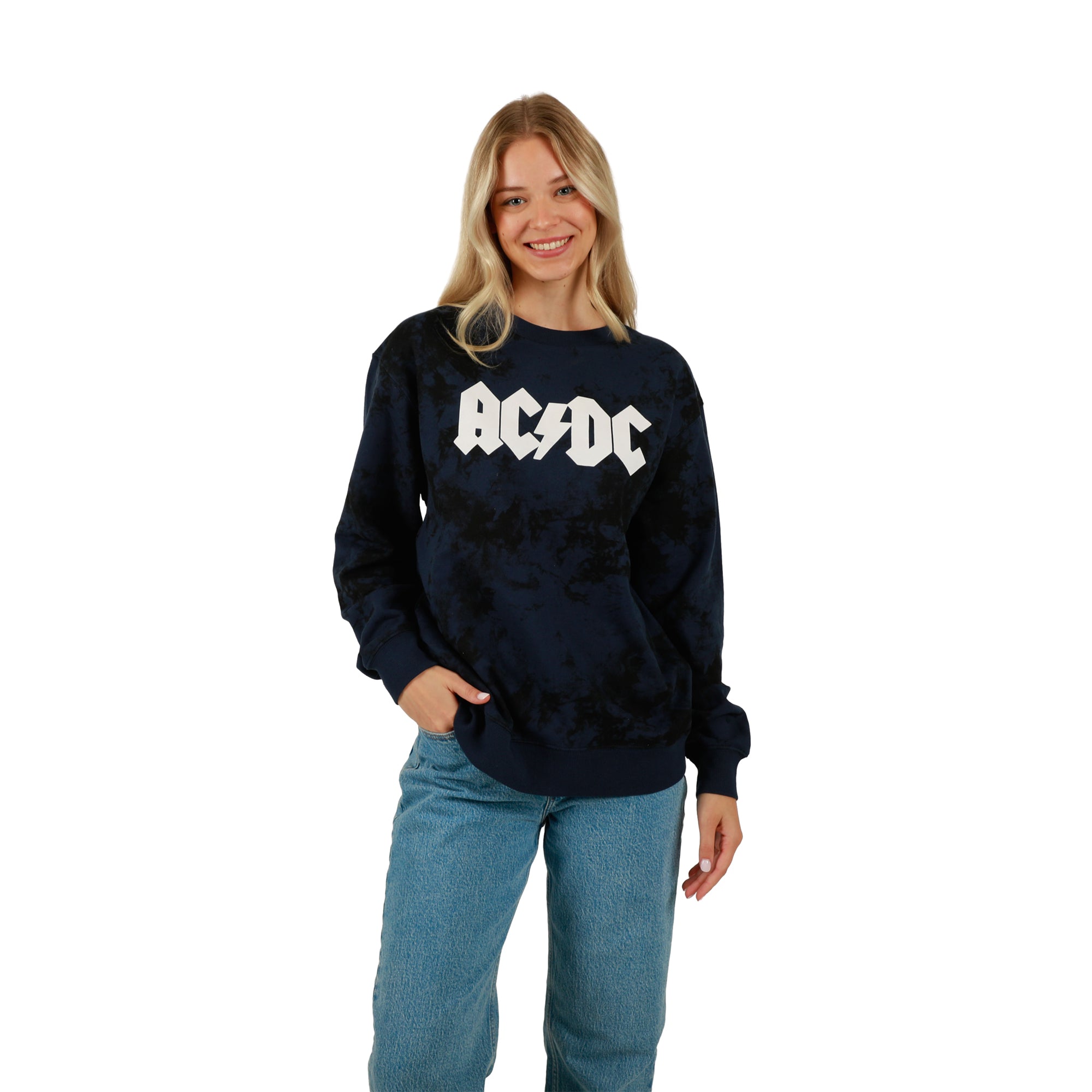 ACDC Guitar & Band Logo Crew Neck Long Sleeve Gray Women's Oversized Reversible Pullover Sweatshirt