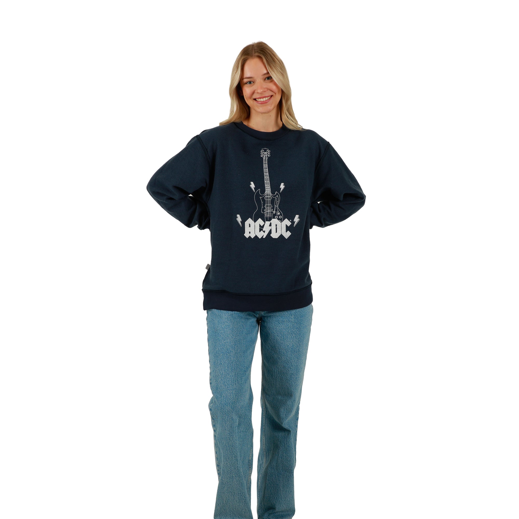 ACDC Guitar & Band Logo Crew Neck Long Sleeve Gray Women's Oversized Reversible Pullover Sweatshirt