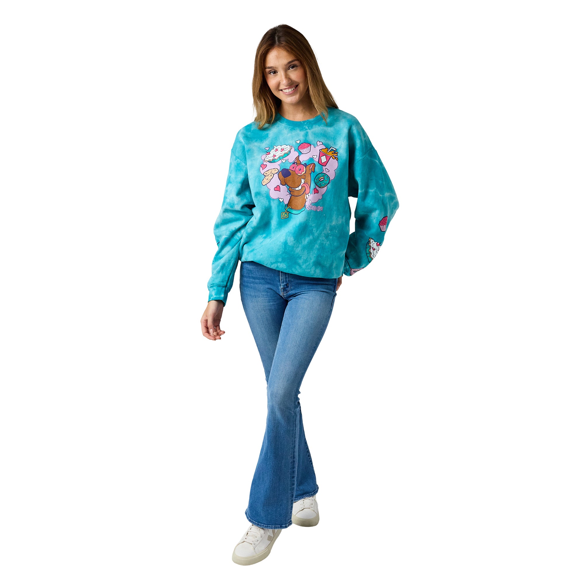 Scooby Doo Snacks Women’s Blue Cloud Wash Crew Neck Long Sleeve Fleece Sweatshirt