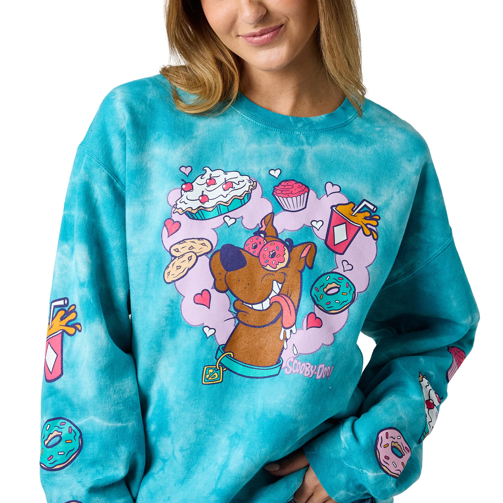 Scooby Doo Snacks Women’s Blue Cloud Wash Crew Neck Long Sleeve Fleece Sweatshirt