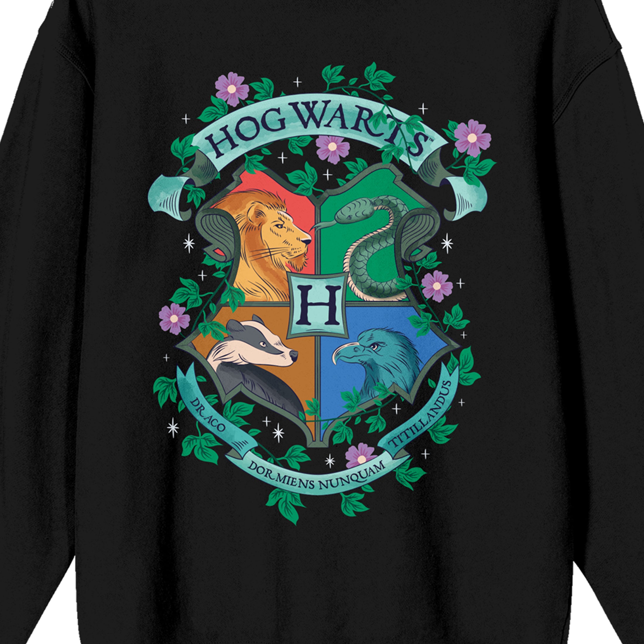 Harry Potter Floral Hogwarts Crest Women's Black Crew Neck Sweatshirt