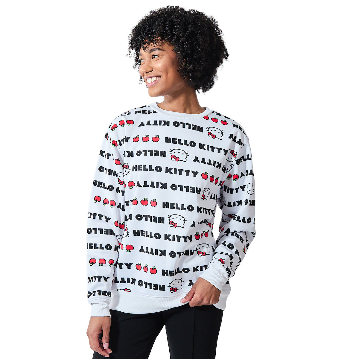 Hello Kitty Repeat Text Women's White Crew Neck Long Sleeve Sweatshirt