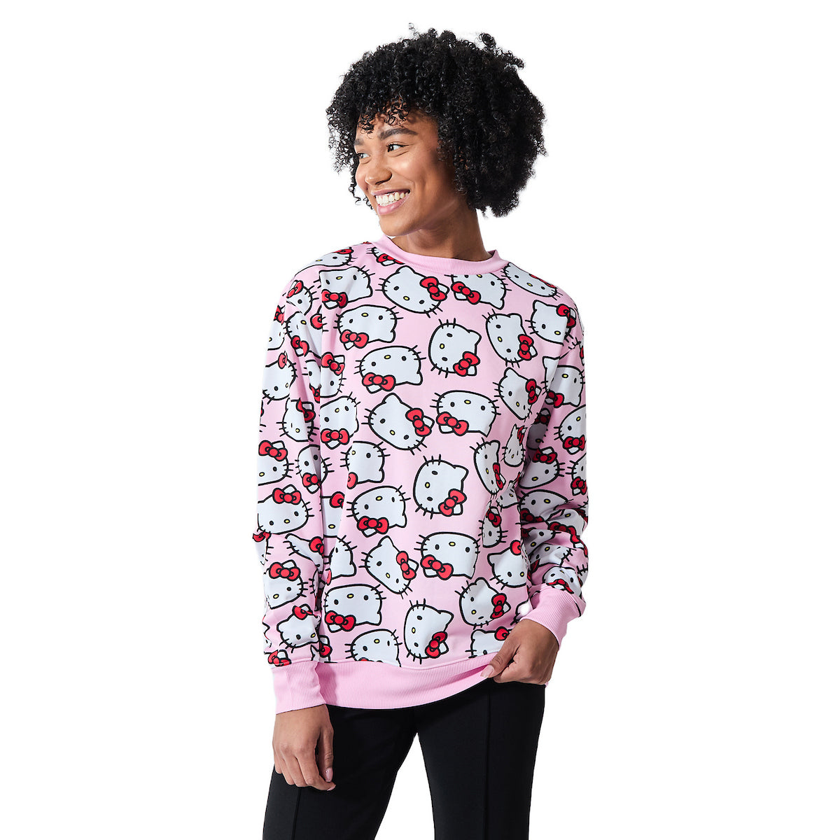 Hello Kitty Character Heads All-Over Print Women's Pink Crew Neck Long Sleeve Sweatshirt