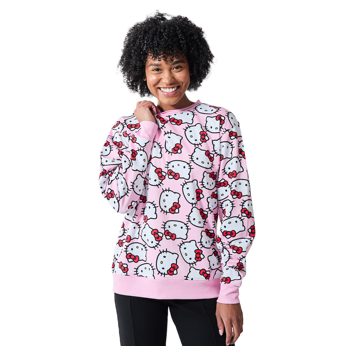 Hello Kitty Character Heads All-Over Print Women's Pink Crew Neck Long Sleeve Sweatshirt