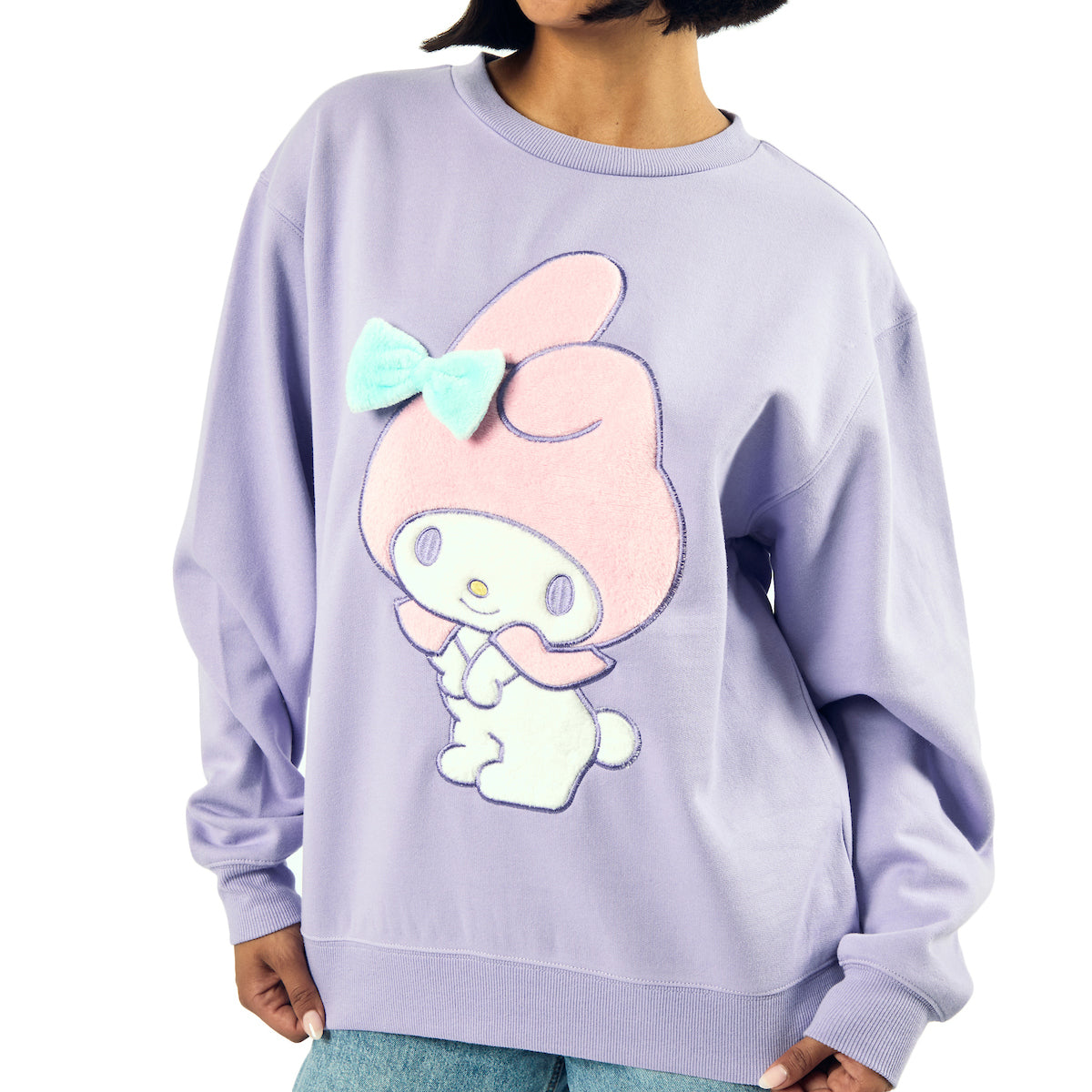 My Melody Big Face Plush Character Women's Purple Crew Neck Long Sleeve Oversized Fleece Sweatshirt