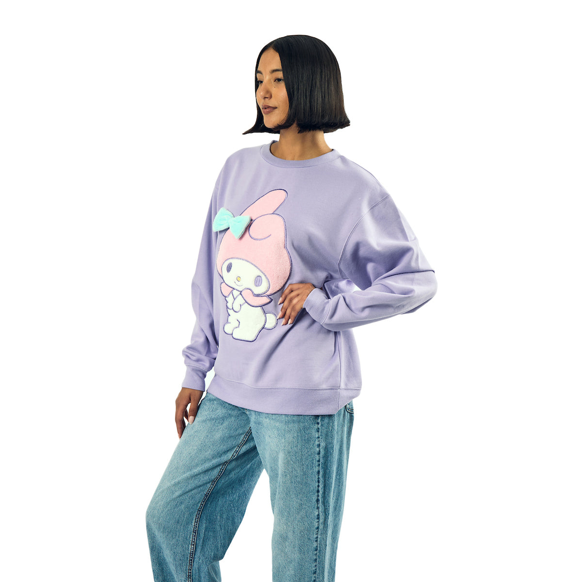 My Melody Big Face Plush Character Women's Purple Crew Neck Long Sleeve Oversized Fleece Sweatshirt