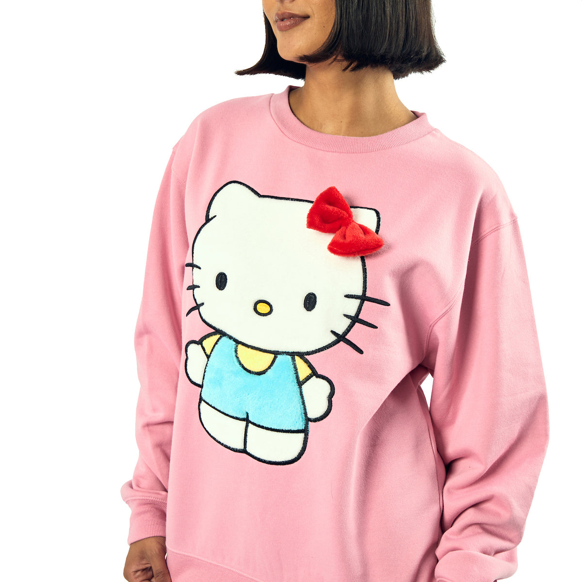Hello Kitty Big Face Plush Character Women's Pink Crew Neck Long Sleeve Oversized Fleece Sweatshirt