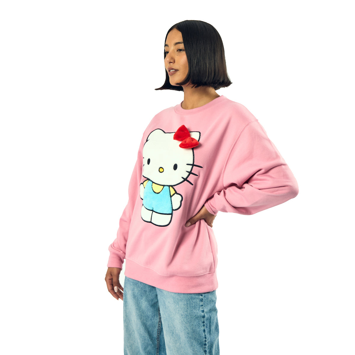 Hello Kitty Big Face Plush Character Women's Pink Crew Neck Long Sleeve Oversized Fleece Sweatshirt