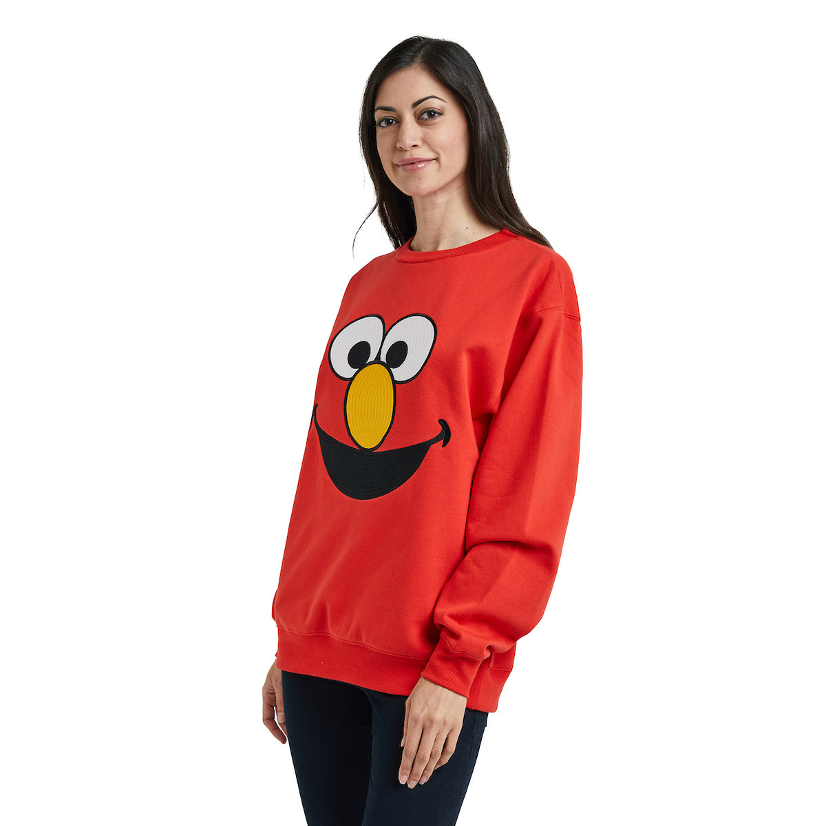 Sesame Street Big Face Elmo Red Crew Neck Long Sleeve Oversized Fleece Sweatshirt