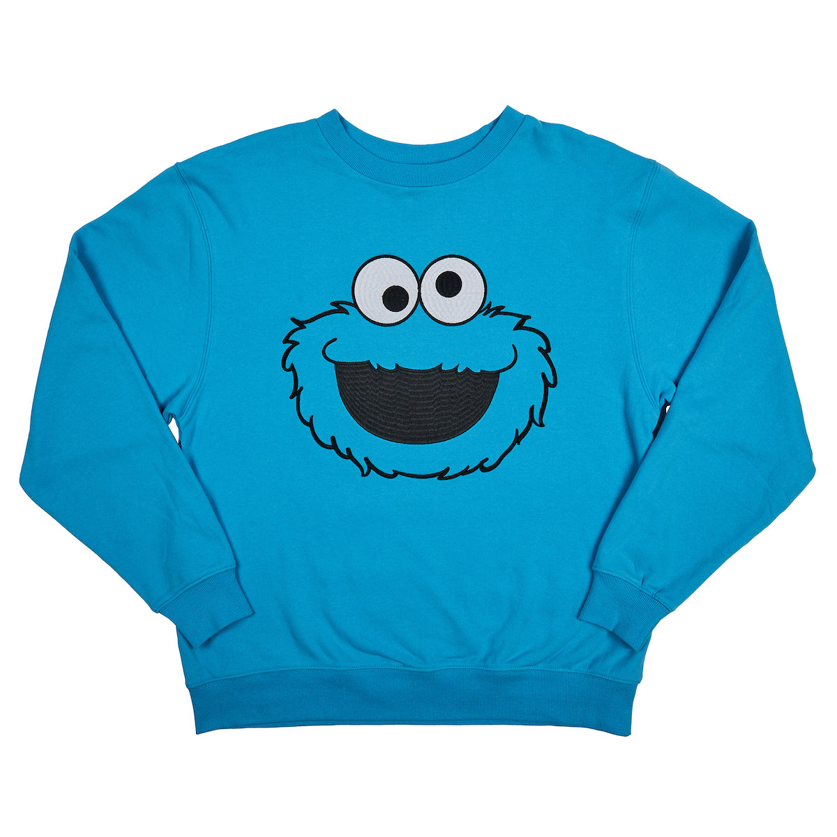 Sesame Street Big Face Cookie Monster Blue Crew Neck Long Sleeve Oversized Fleece Sweatshirt