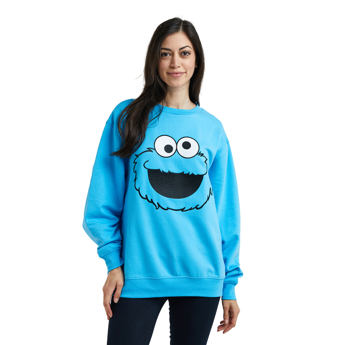 Sesame Street Big Face Cookie Monster Blue Crew Neck Long Sleeve Oversized Fleece Sweatshirt