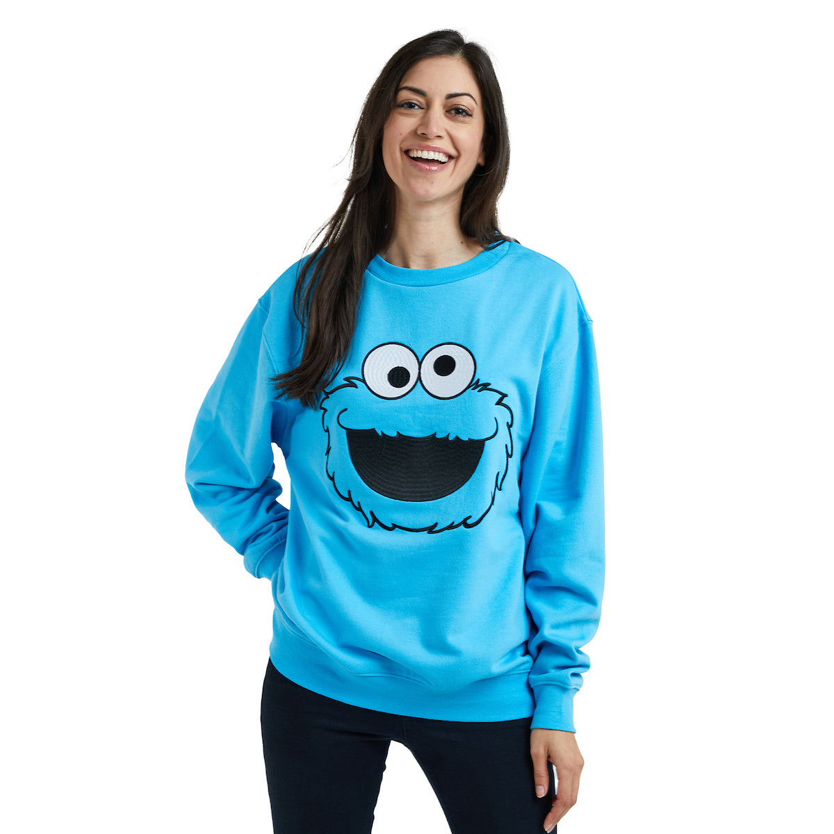 Sesame Street Big Face Cookie Monster Blue Crew Neck Long Sleeve Oversized Fleece Sweatshirt