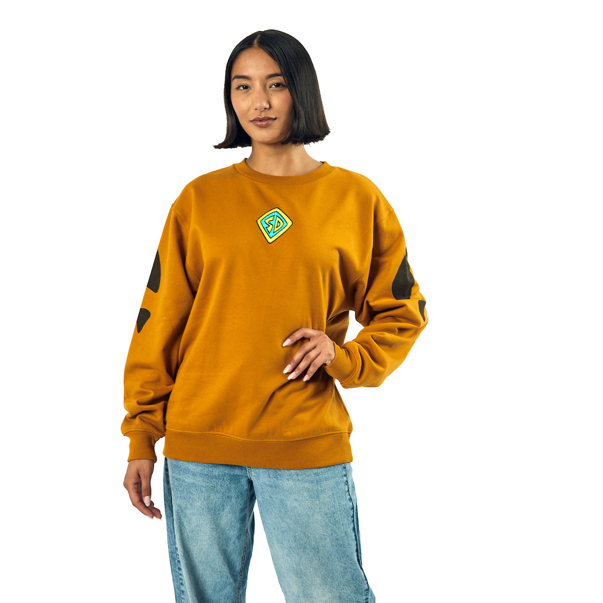 Scooby Doo Dog Tag & Spots Women's Brown Crew Neck Long Sleeve Oversized Fleece Sweatshirt