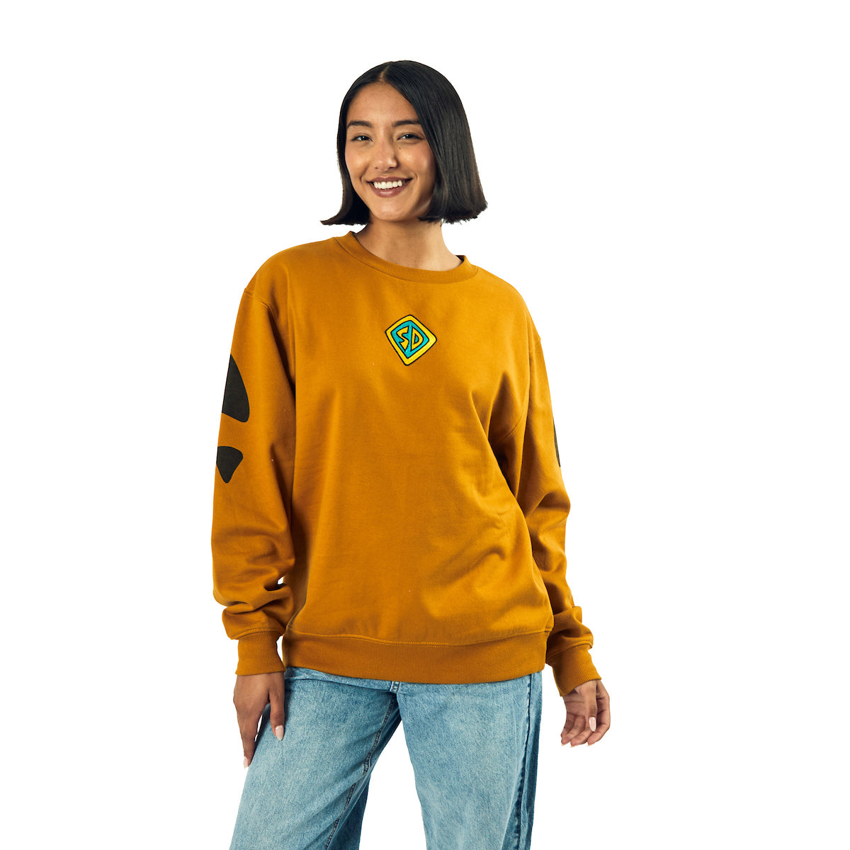 Scooby Doo Dog Tag & Spots Women's Brown Crew Neck Long Sleeve Oversized Fleece Sweatshirt