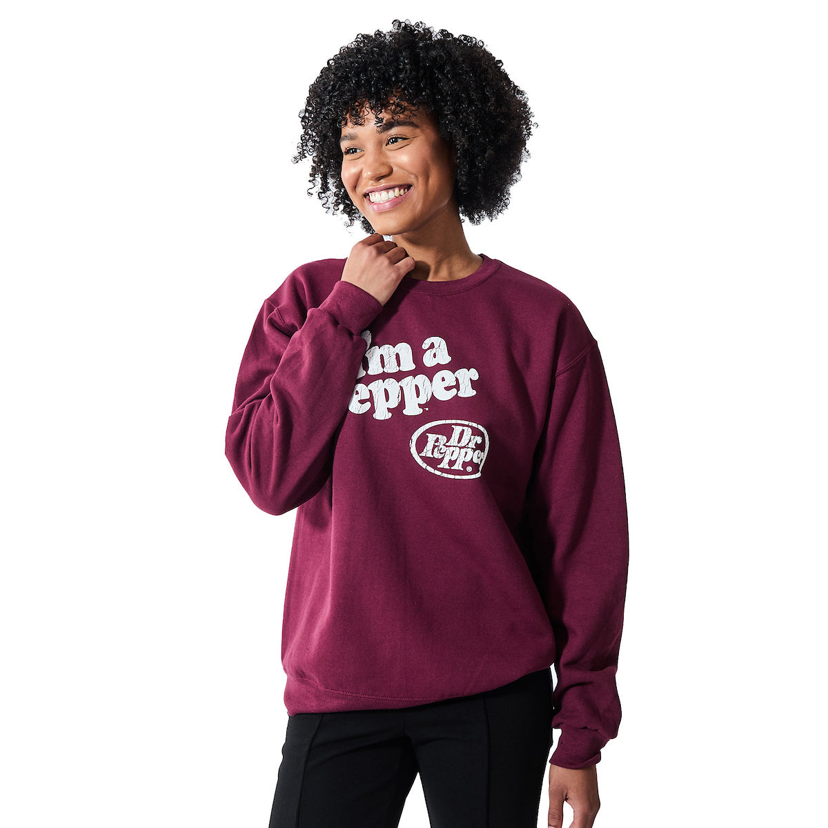 Dr Pepper I'm A Pepper Women's Burgundy Crew Neck Long Sleeve Sweatshirt