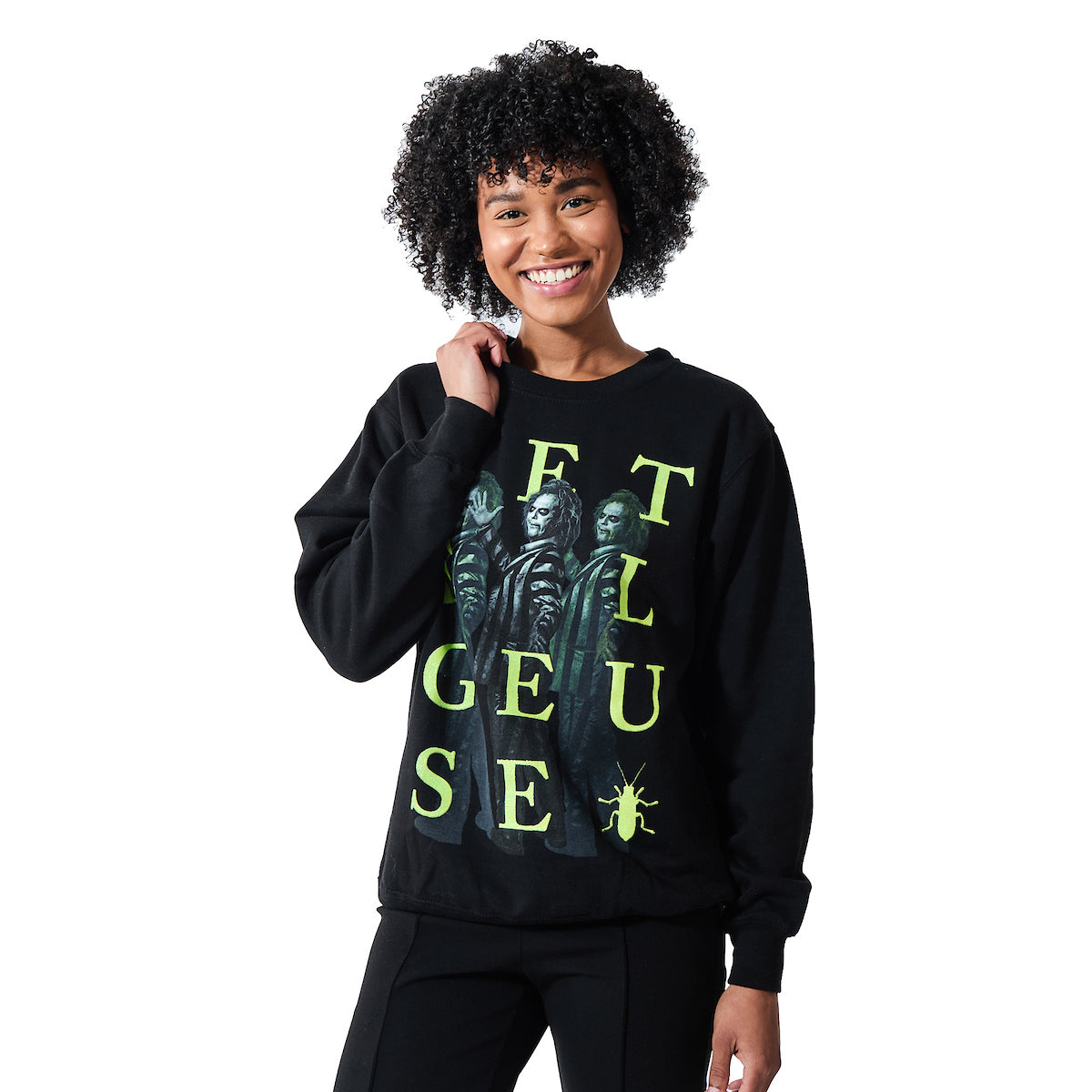 Beetlejuice Betelgeuse Scattered Name Women's Black Crew Neck Long Sleeve Sweatshirt