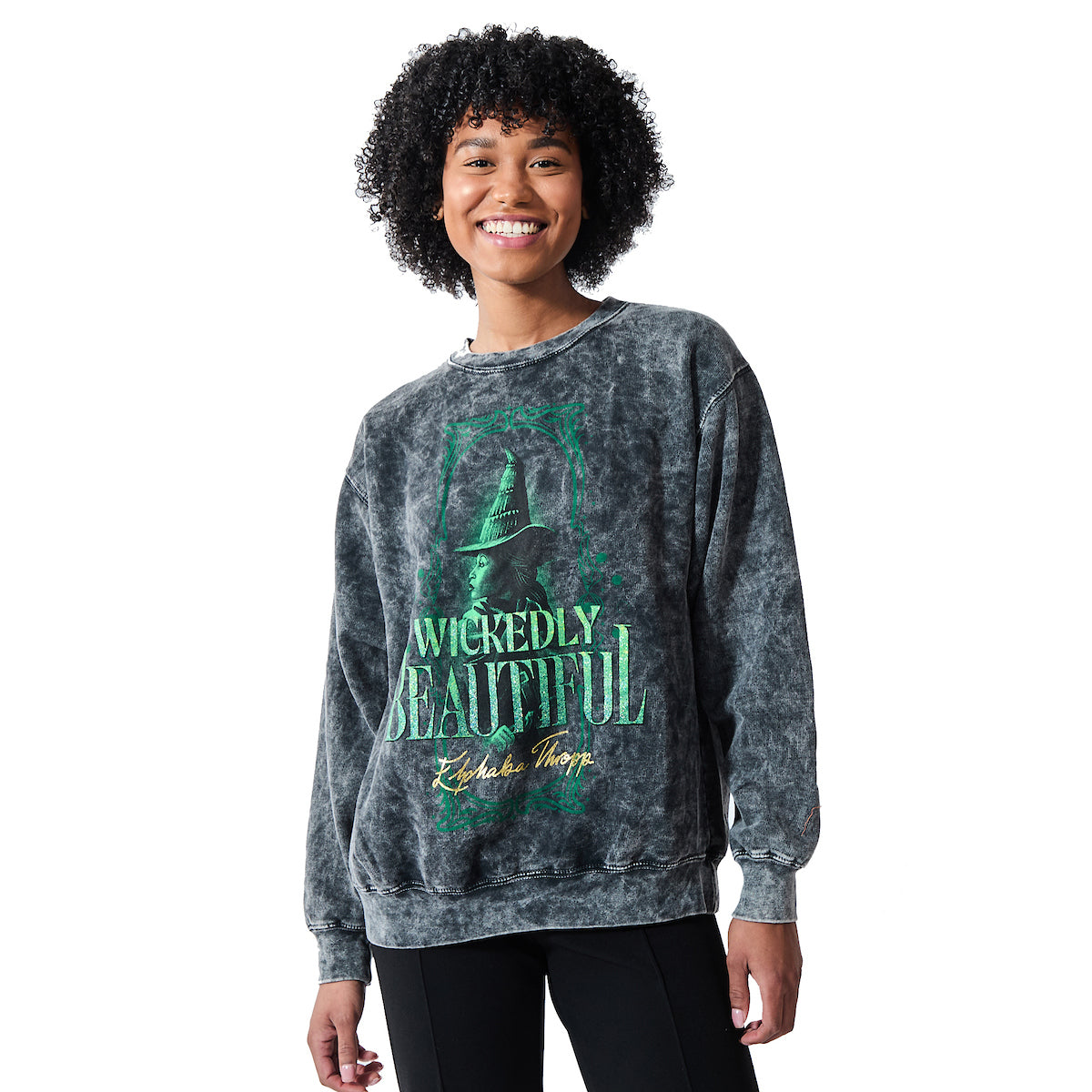 Wicked Elphaba Wickedly Beautiful Women's Mineral Wash Crew Neck Long Sleeve Sweatshirt