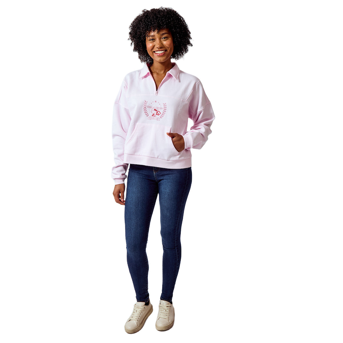 Hello Kitty Embroidered Character Art Women's Cradle Pink Long Sleeve Quarter Zip Sweatshirt