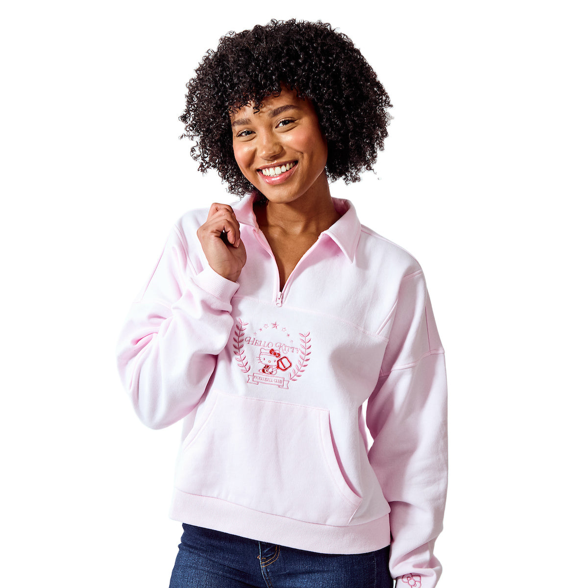 Hello Kitty Embroidered Character Art Women's Cradle Pink Long Sleeve Quarter Zip Sweatshirt