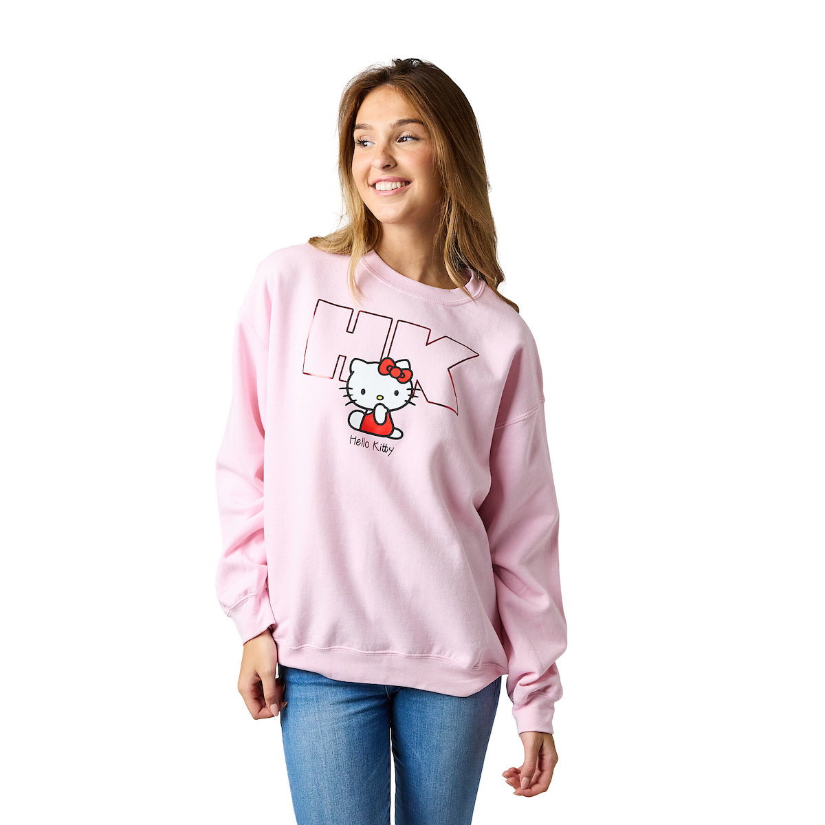 Hello Kitty HK Logo Women's Pink Crew Neck Long Sleeve Sweatshirt
