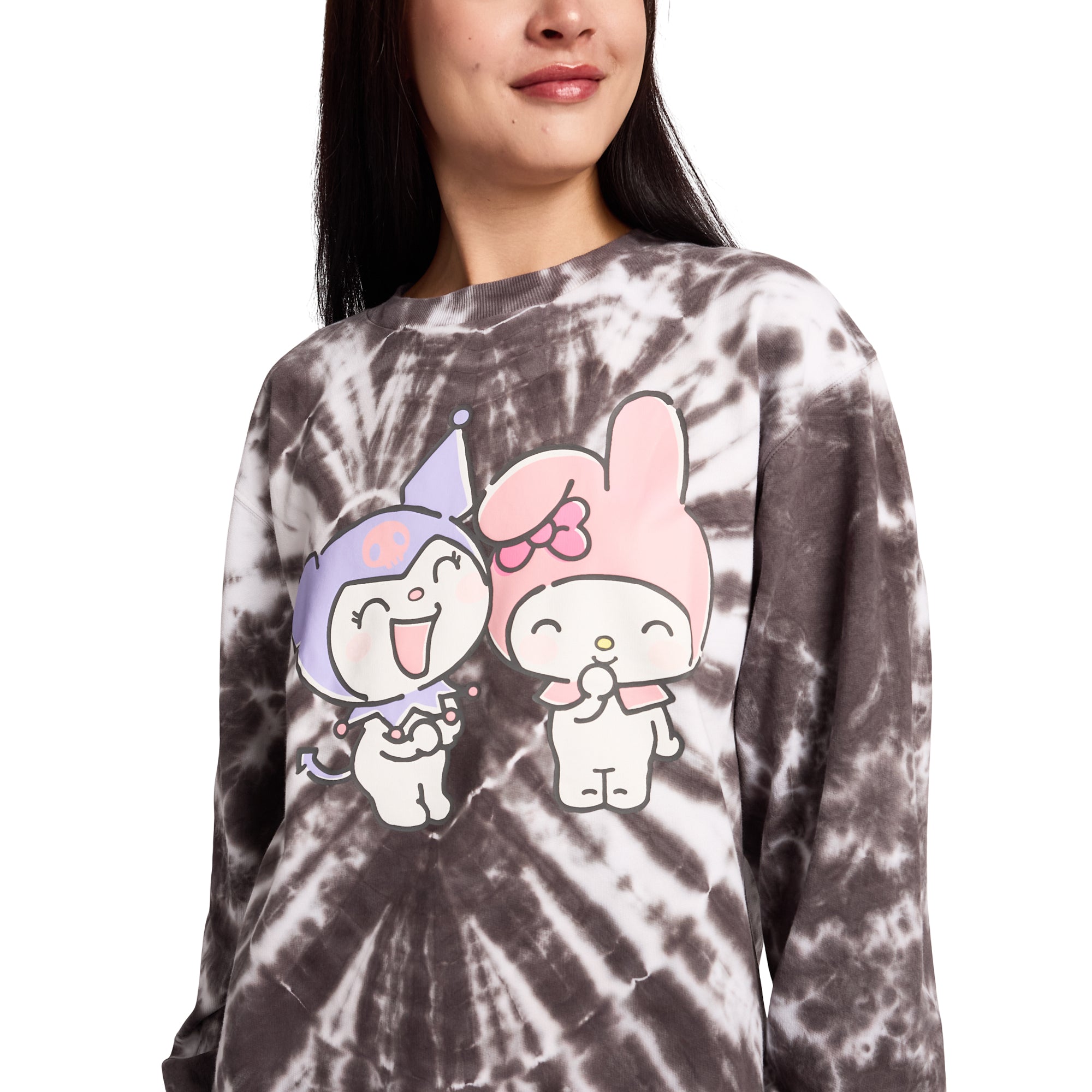 Hello Kitty & Friends My Melody & Kuromi Heart Women’s Black Crew Neck Long Sleeve Fleece Sweatshirt