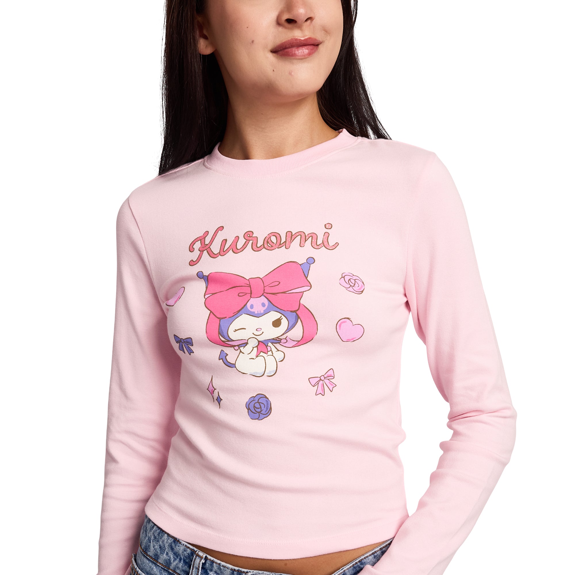 Kuromi Character & Hearts Women's Cradle Pink Long Sleeve Baby Tee