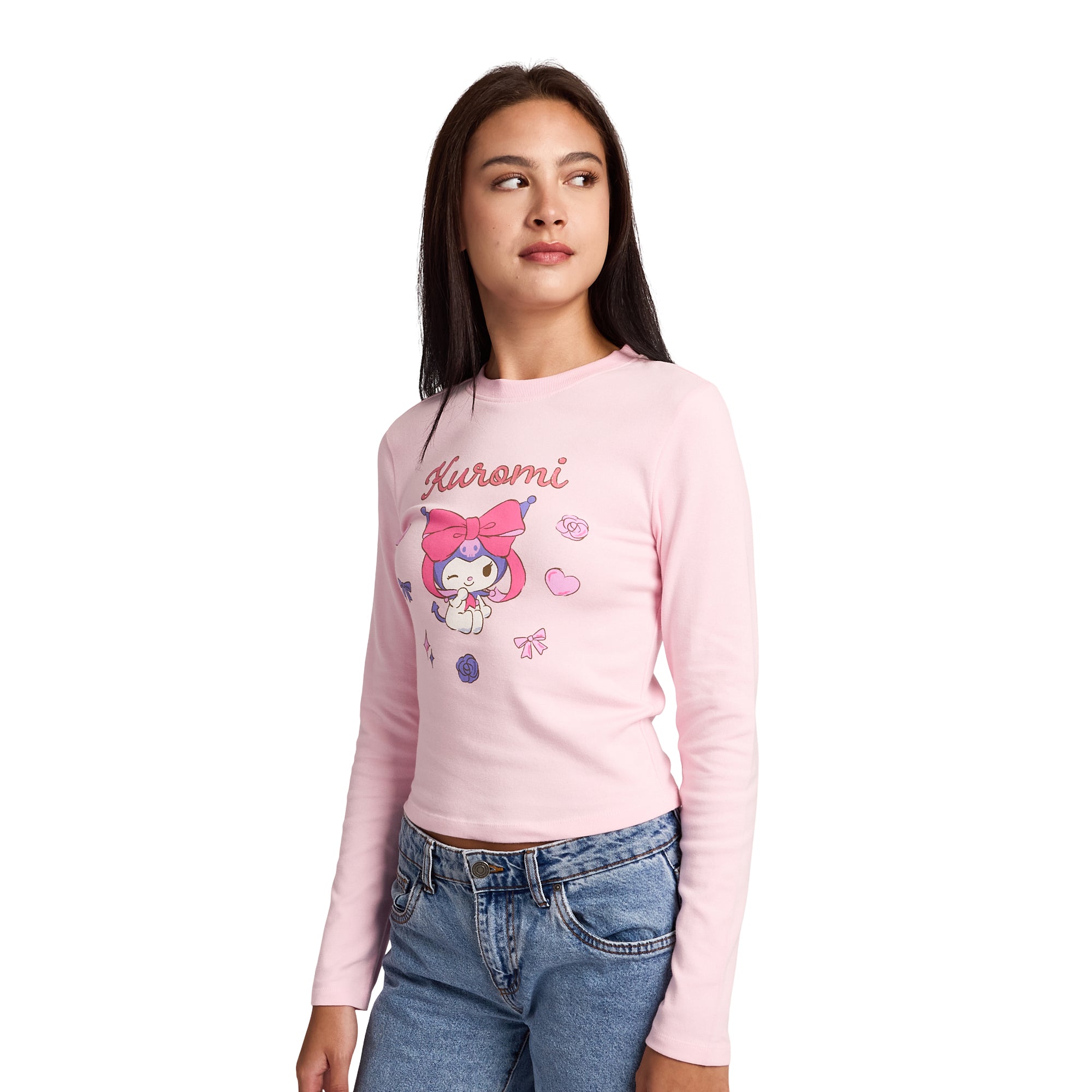 Kuromi Character & Hearts Women's Cradle Pink Long Sleeve Baby Tee