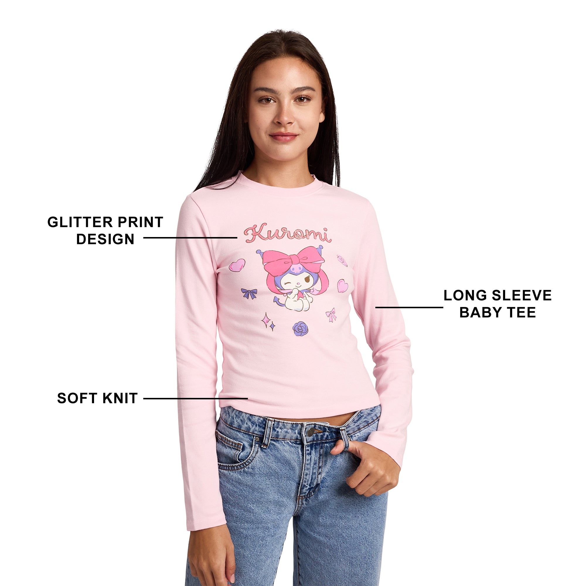 Kuromi Character & Hearts Women's Cradle Pink Long Sleeve Baby Tee
