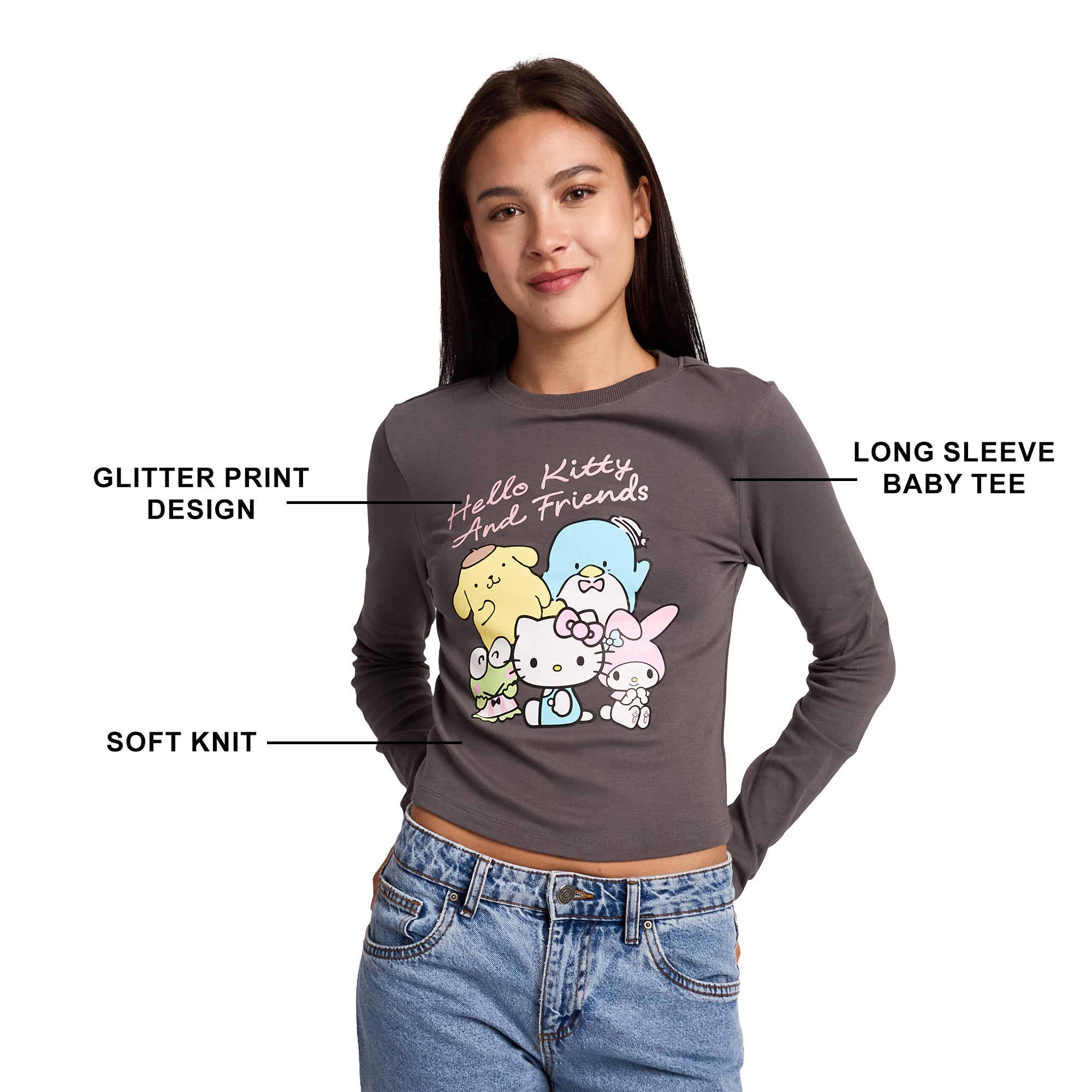 Hello Kitty & Friends Group Shot Women's Black Long Sleeve Baby Tee