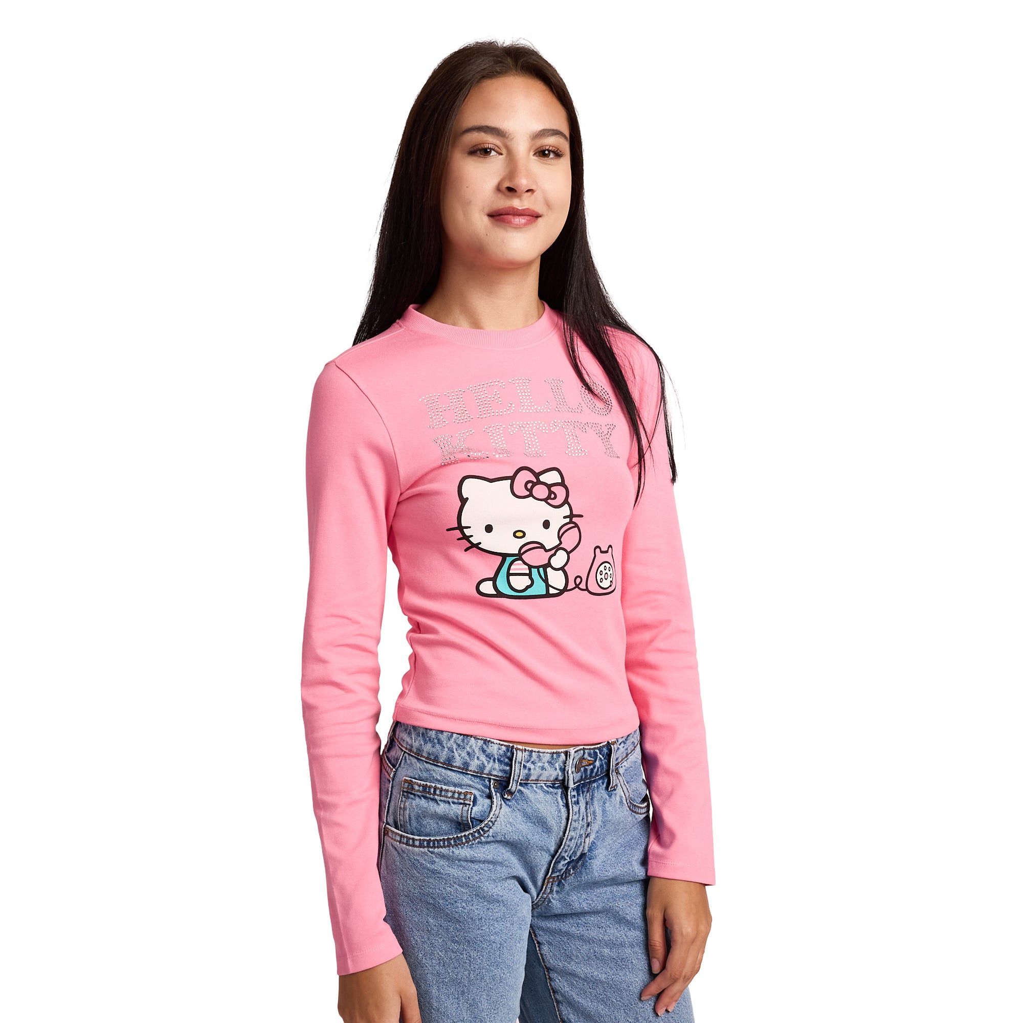 Hello Kitty Talking On Phone Glitter Print Women's Pink Long Sleeve Baby Tee