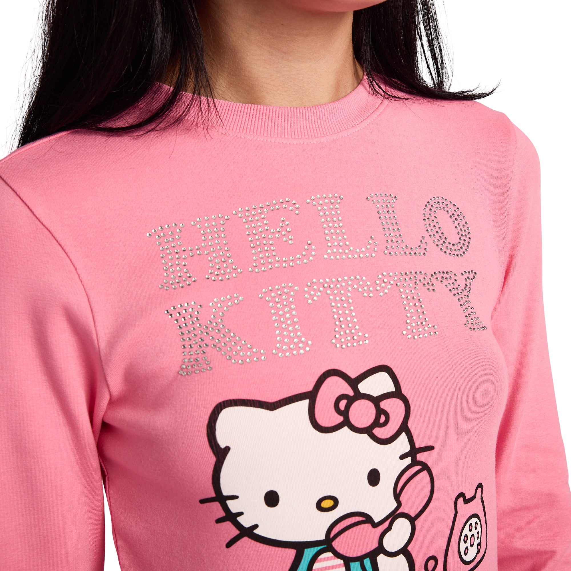Hello Kitty Talking On Phone Glitter Print Women's Pink Long Sleeve Baby Tee