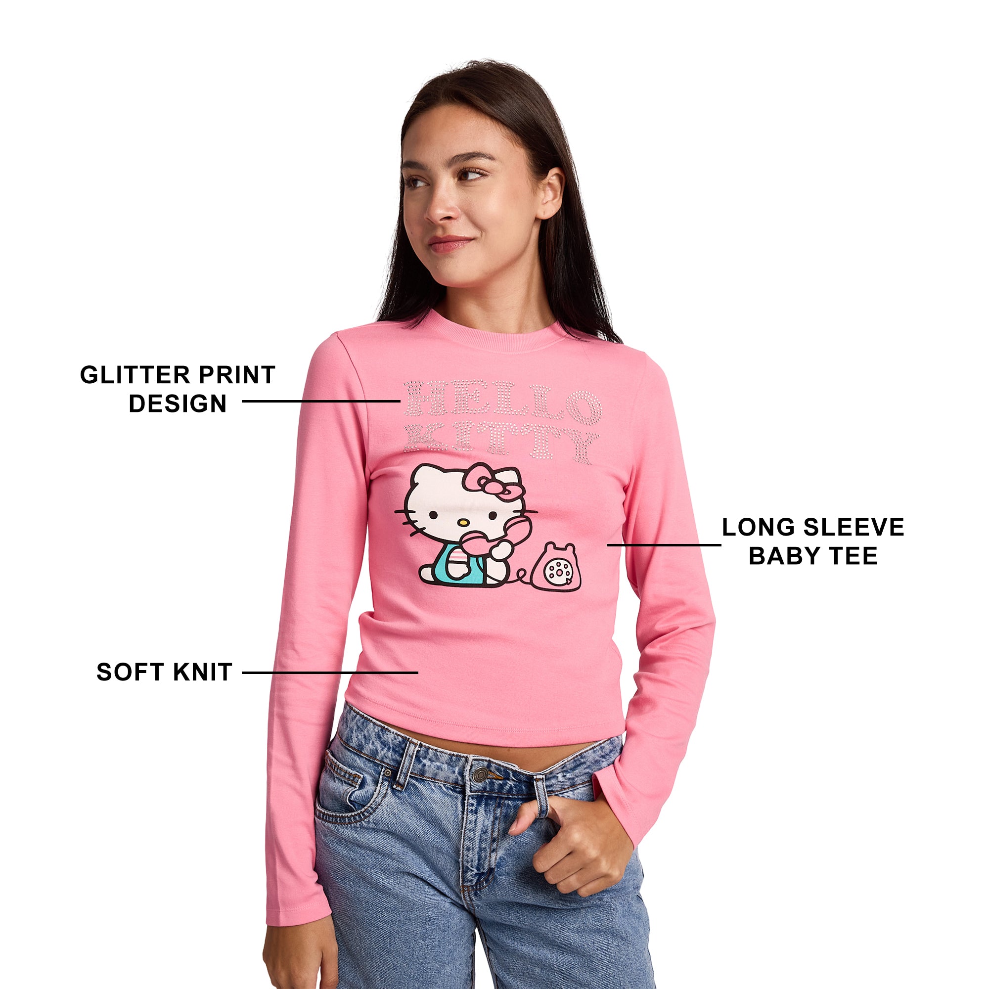 Hello Kitty Talking On Phone Glitter Print Women's Pink Long Sleeve Baby Tee