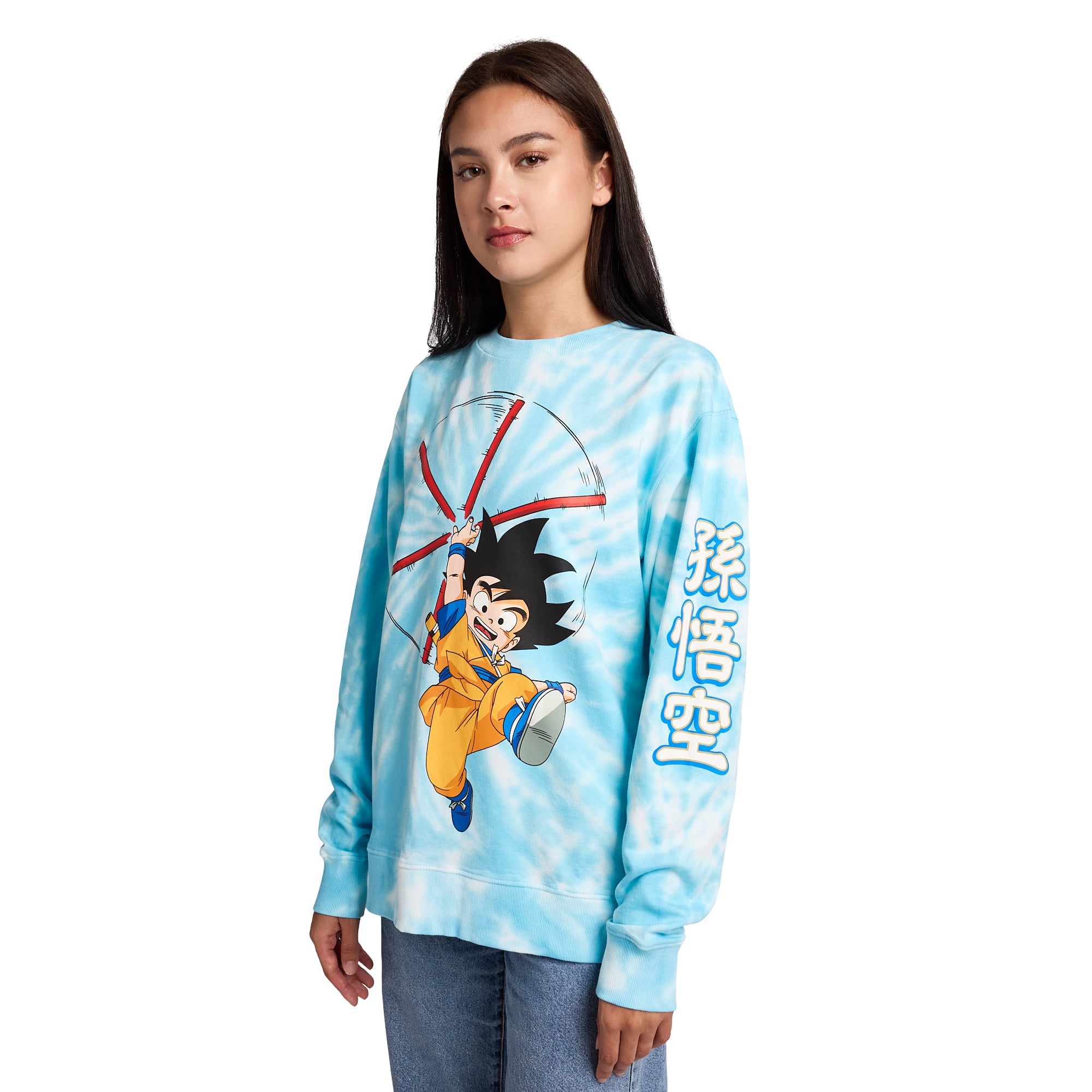 Dragon Ball Daima Goku With Staff Women’s Blue Tie-Dye Crew Neck Long Sleeve Fleece Sweatshirt