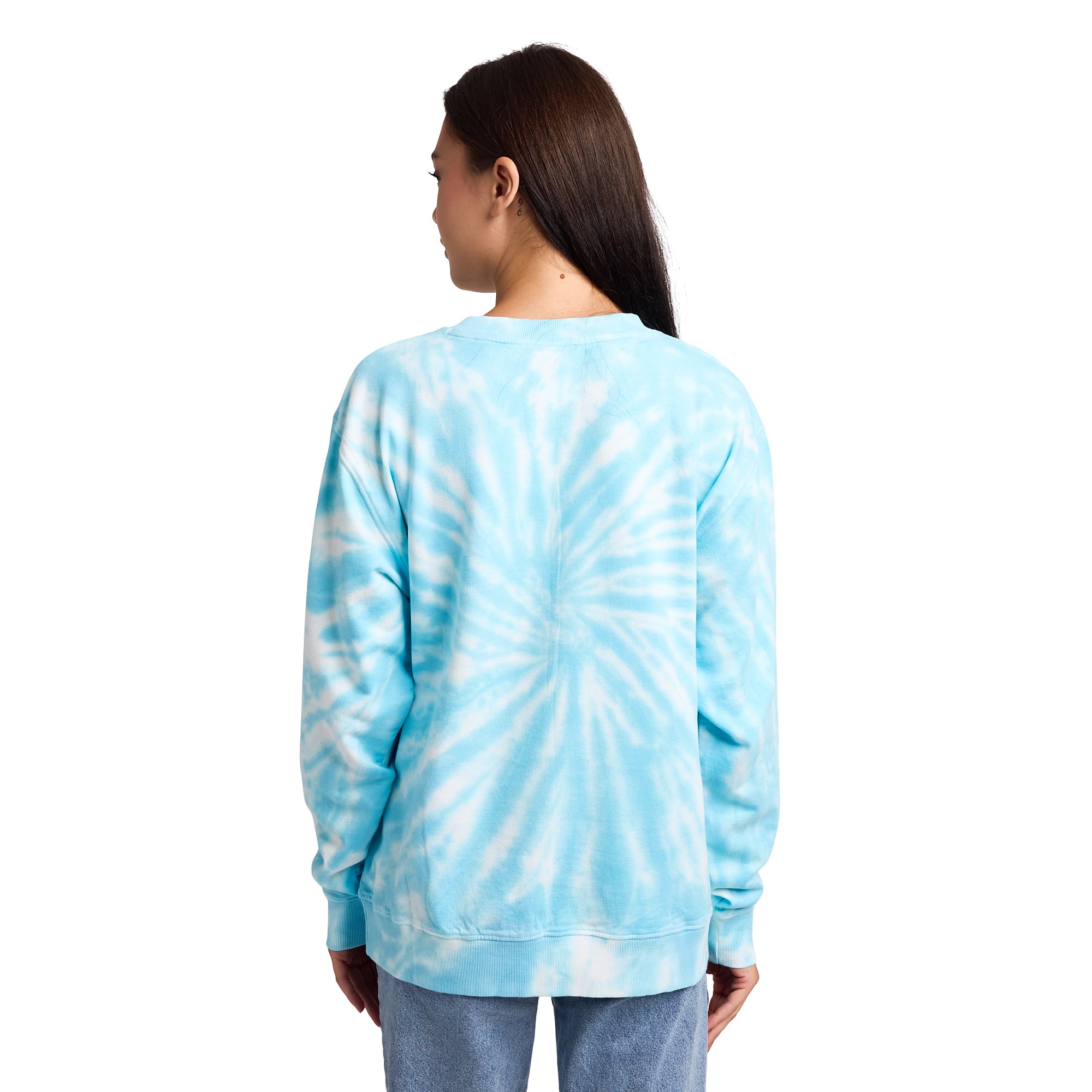 Dragon Ball Daima Goku With Staff Women’s Blue Tie-Dye Crew Neck Long Sleeve Fleece Sweatshirt
