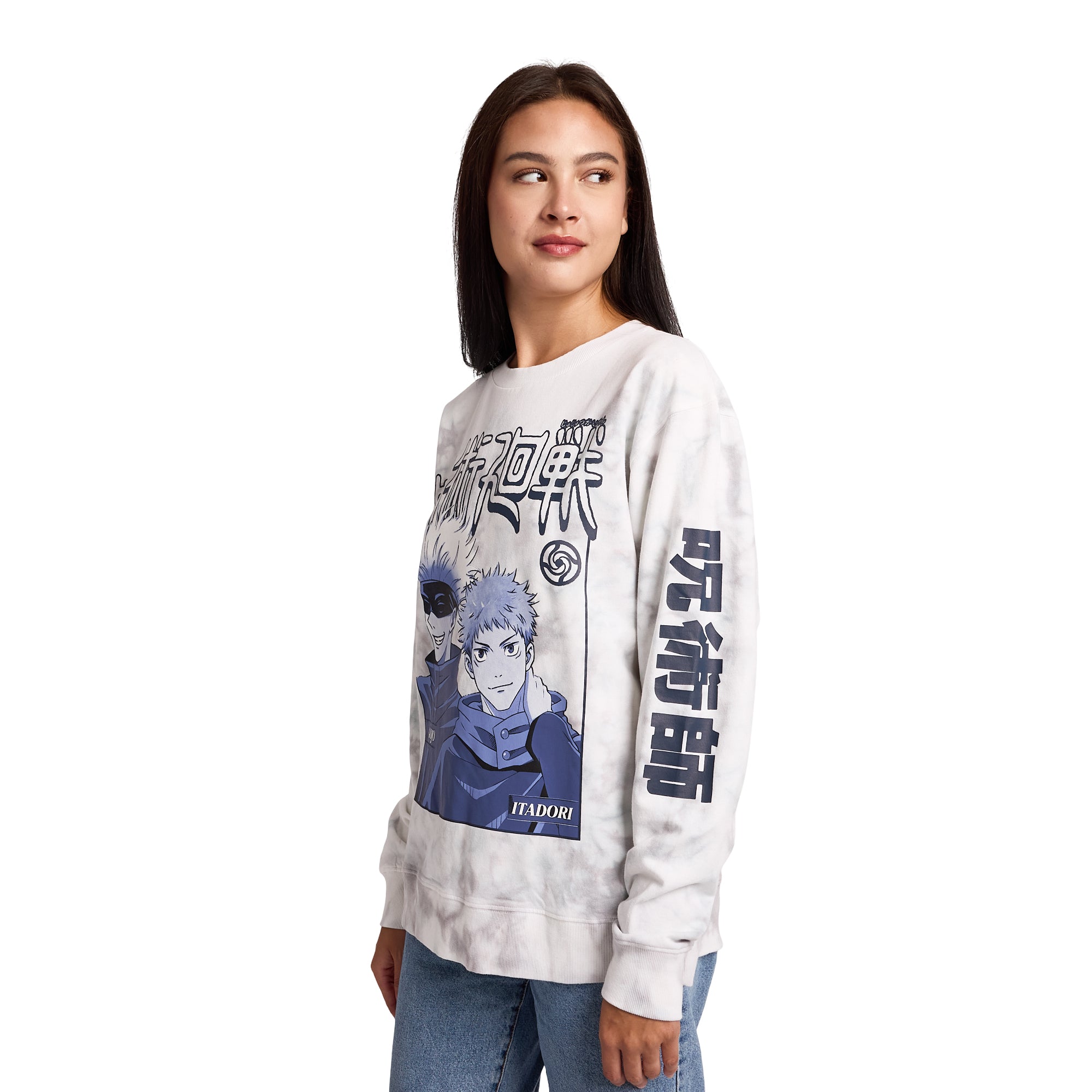 Jujutsu Kaisen Gojo & Itadori Kanji Women’s White Cloud Wash Crew Neck Long Sleeve Fleece Sweatshirt