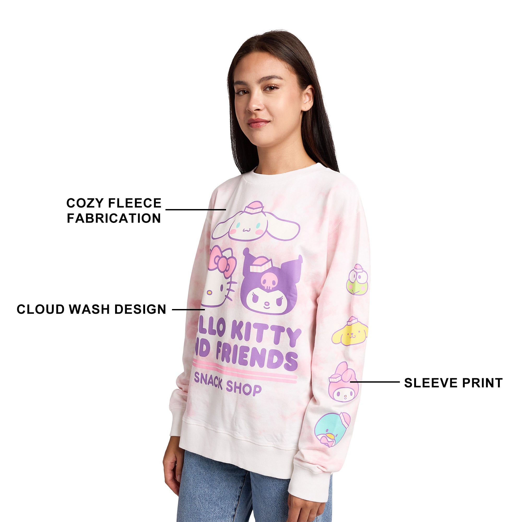 Hello Kitty & Friends Snack Shop Character Faces Women’s Pink Cloud Wash Crew Neck Long Sleeve Fleece Sweatshirt