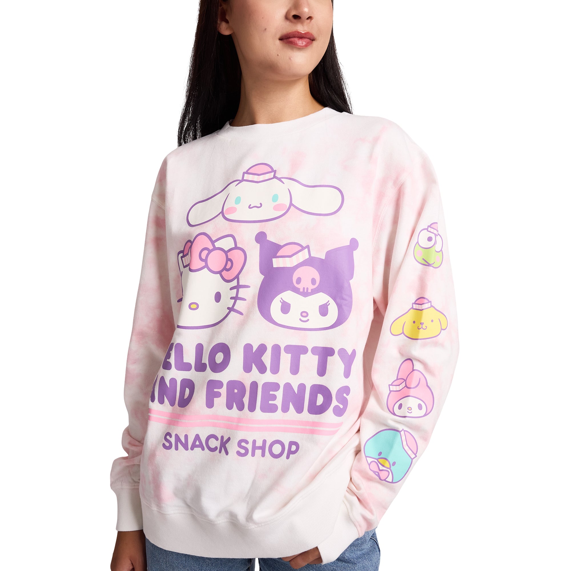 Hello Kitty & Friends Snack Shop Character Faces Women’s Pink Cloud Wash Crew Neck Long Sleeve Fleece Sweatshirt