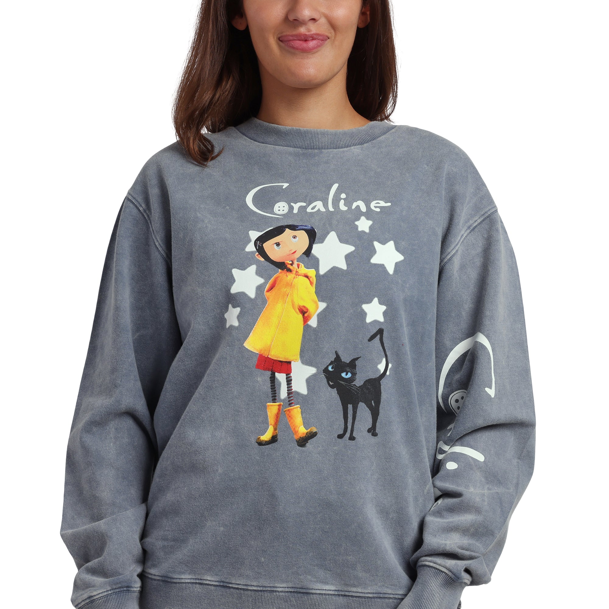 Coraline Logo Women’s Gray Mineral Wash Crew Neck Long Sleeve Sweatshirt