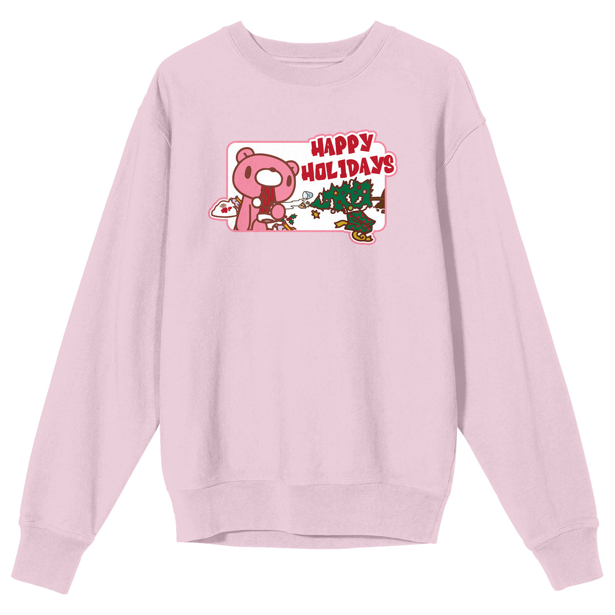 Gloomy Bear - Happy Holidays, Pink Bear, Scattered Christmas Decorations on Cradle Pink Adult Crew Neck Sweatshirt