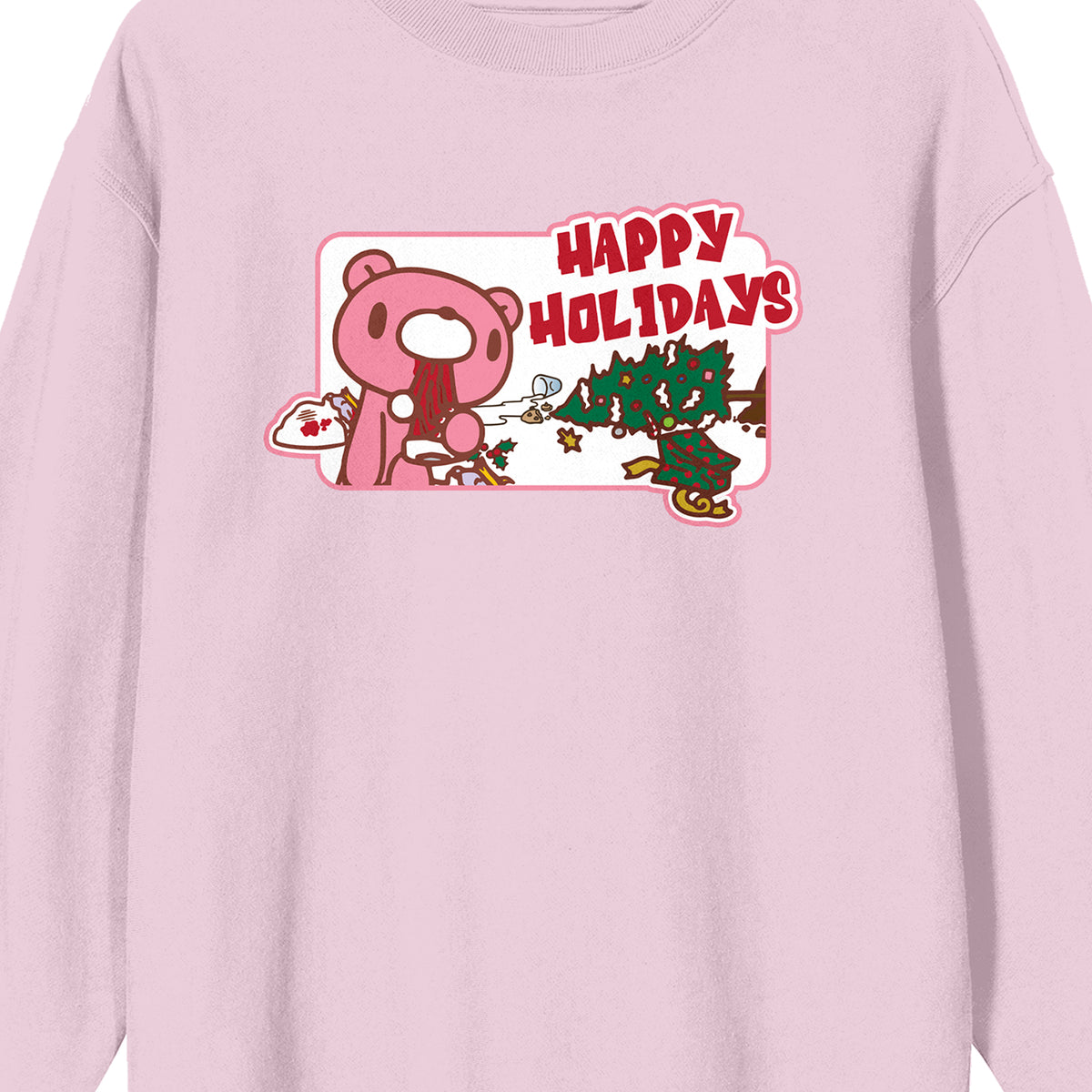 Gloomy Bear - Happy Holidays, Pink Bear, Scattered Christmas Decorations on Cradle Pink Adult Crew Neck Sweatshirt