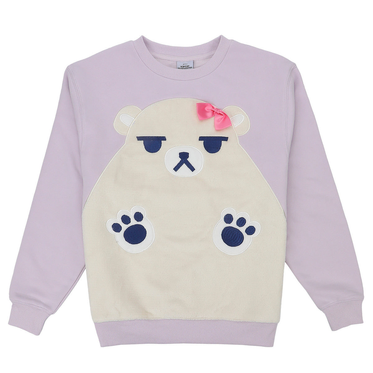 KPop Demon Hunters Mira Cosplay Applique 3D Bow Lavender Women's Black Crew Neck Long Sleeve Sweatshirt