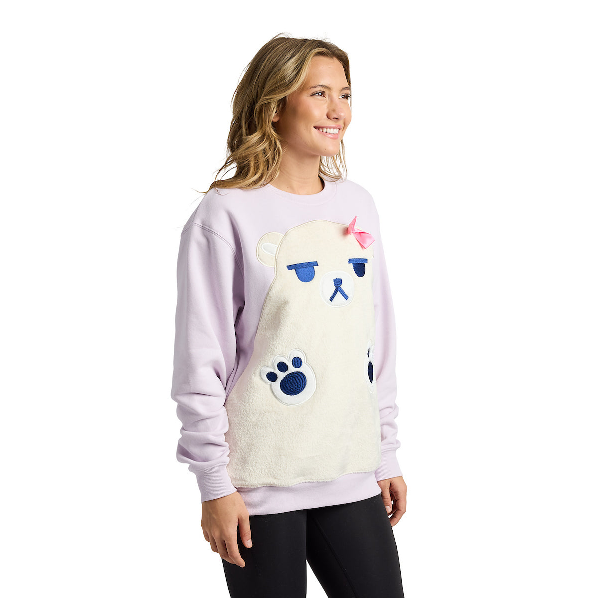 KPop Demon Hunters Mira Cosplay Applique 3D Bow Lavender Women's Black Crew Neck Long Sleeve Sweatshirt
