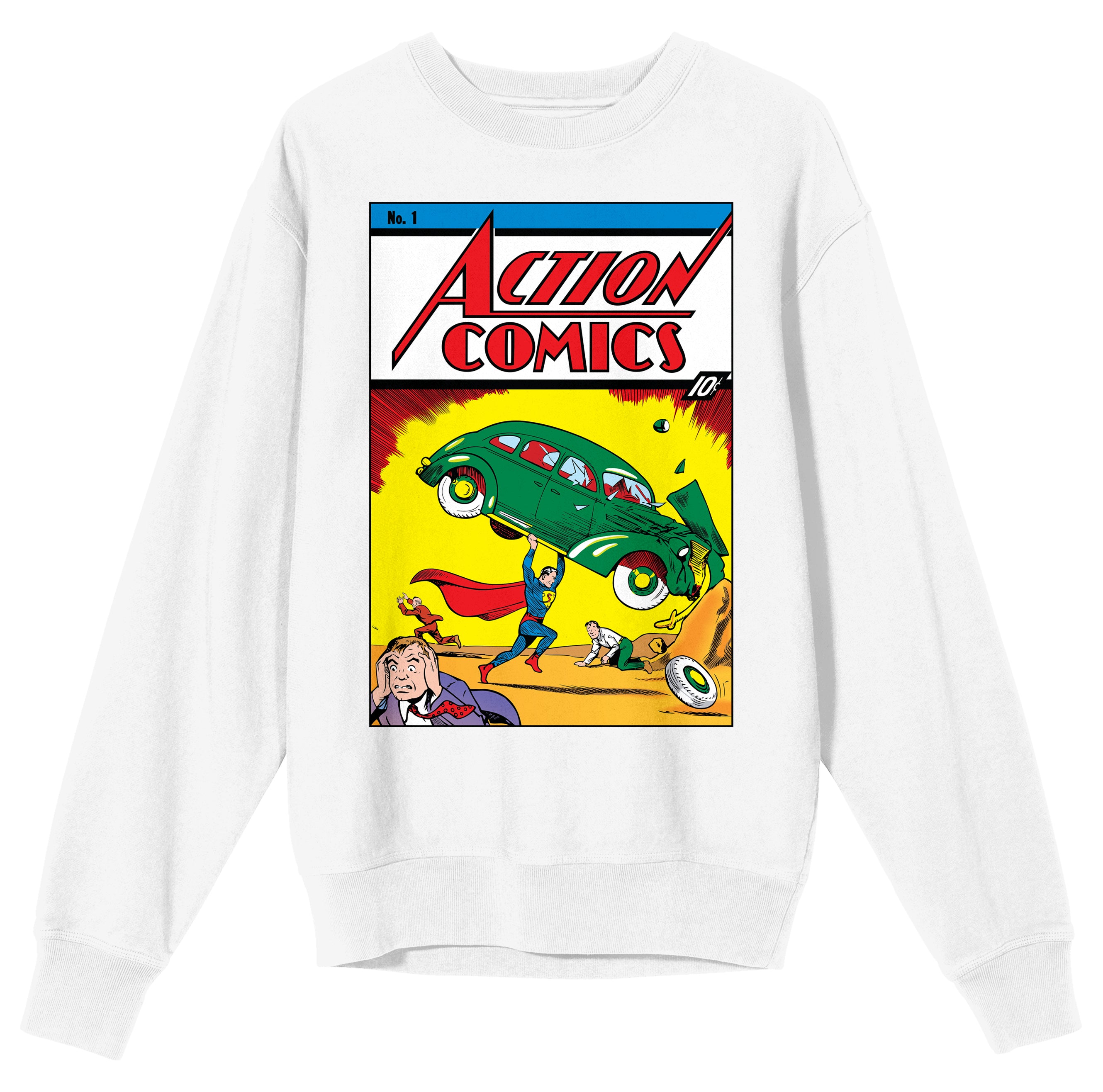 Superman Action Comic Issue No. 1 Cover Crew Neck Long Sleeve Men's White Sweatshirt-Large