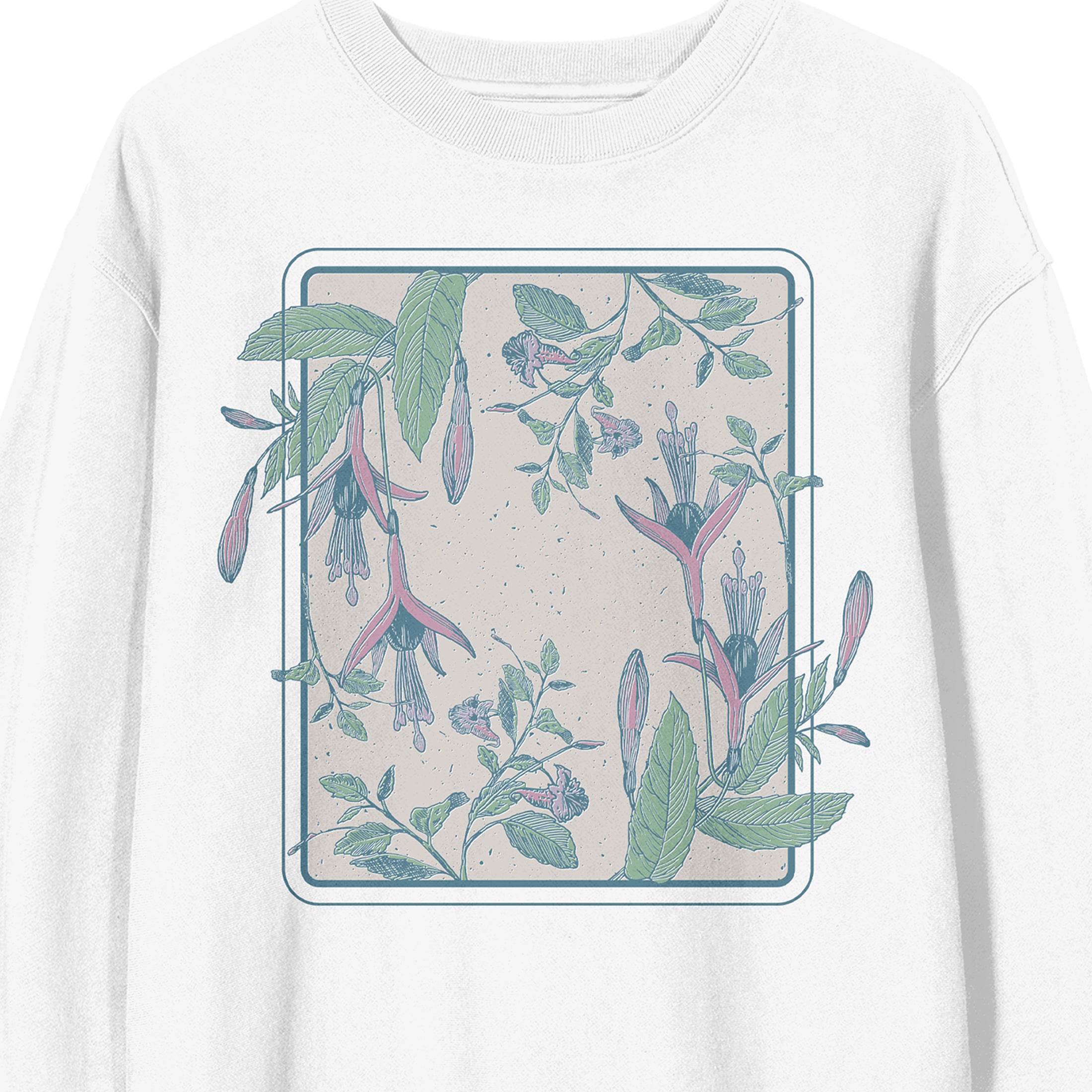Fuchsia Flower Crew Neck Long Sleeve White Adult Sweatshirt