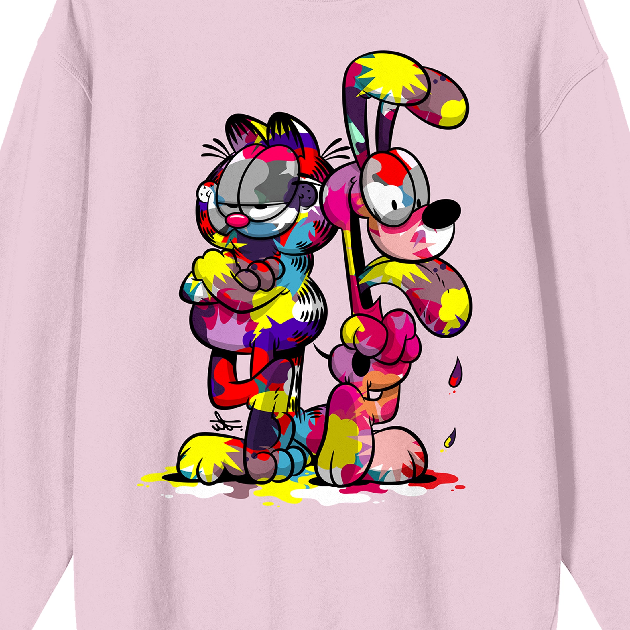 Garfield Paint-Stained Garfield & Odie Crew Neck Long Sleeve Cradle Pink Adult Sweatshirt